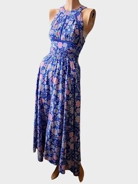 Abel the Label Pink Blue Floral Halter Smocked Maxi Dress L